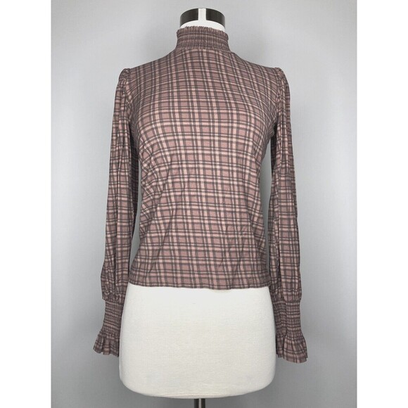 Nation LTD Top Women Small Pima Cotton Brown Plaid Smock Turtleneck Bell Sleeve - Picture 1 of 7